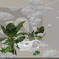 Modern Commercial Equipment with Cloud Shaped Decor Green Plants and White Display Stand for Product Showcase