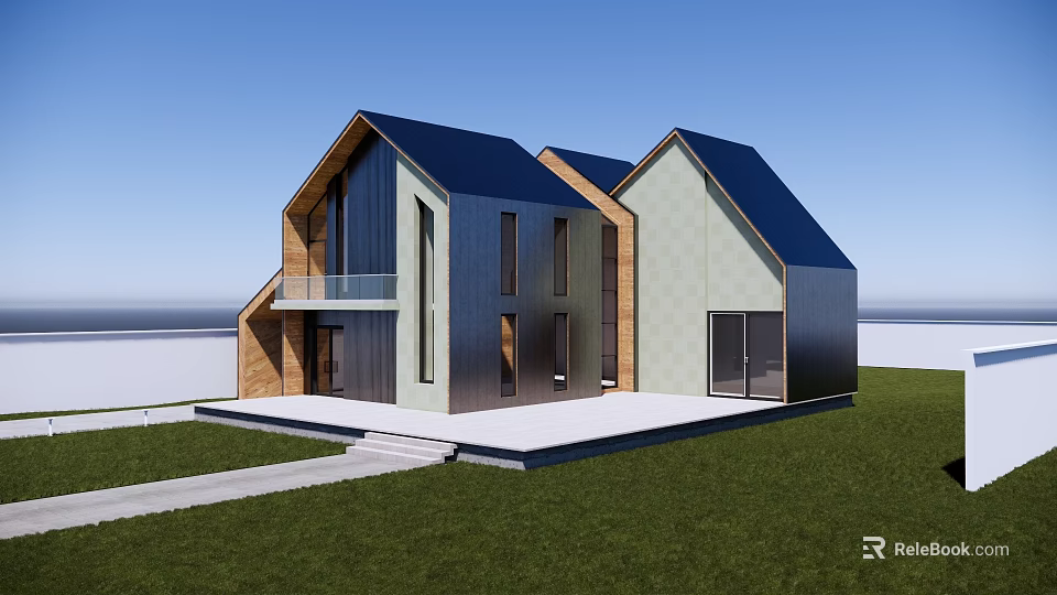 Modern Detached House With Blue Roof Wooden Panels Large Windows And Lawn 3d model 