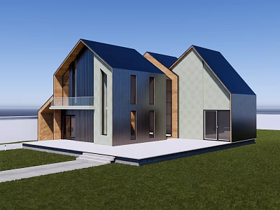 Modern Detached House With Blue Roof Wooden Panels Large Windows And Lawn 3d model