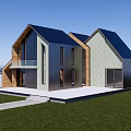 Modern Detached House With Blue Roof Wooden Panels Large Windows And Lawn