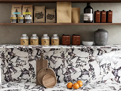 Decorative Ornament Combination With Coffee Bags Glass Jars Wooden Trays And Oranges On Marble Countertop 3d model
