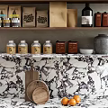 Decorative Ornament Combination With Coffee Bags Glass Jars Wooden Trays And Oranges On Marble Countertop