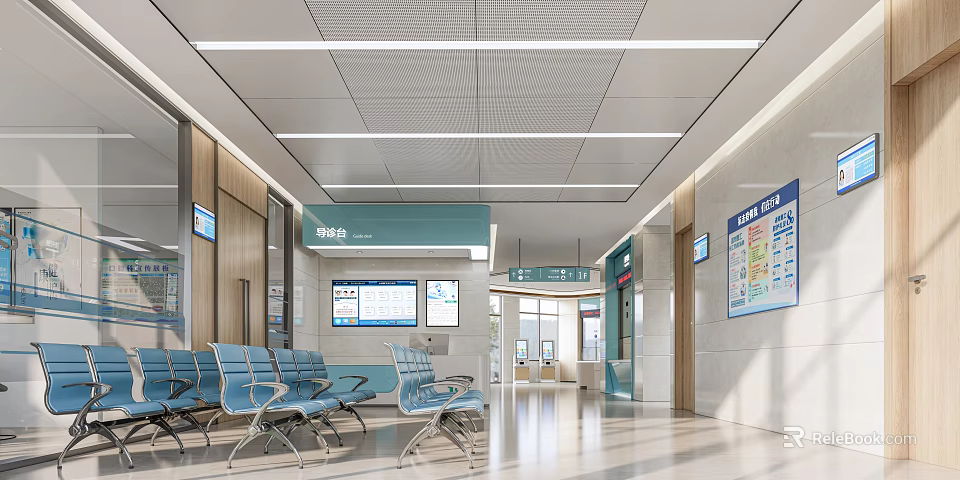 Modern Hospital Outpatient Clinic Waiting Area With Blue Chairs Display Screens And Signage 3d model 