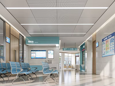 Modern Hospital Outpatient Clinic Waiting Area With Blue Chairs Display Screens And Signage 3d model