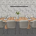 Outdoor Woven Light Gray Dining Chairs With Wooden Table In Patio Garden Setting