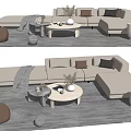 Modern Beige L Shaped Sofa Coffee Table Set With Throw Pillows Gray Rug And Pouf 3d model