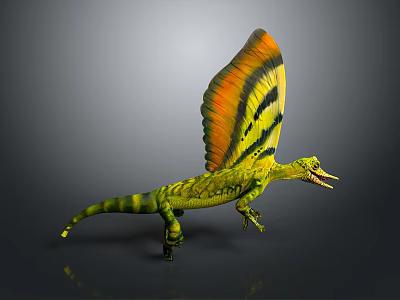 3D Pterosaur Creature with Green Yellow Striped Body and Orange Yellow Wings with Black Patterns 3d model