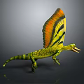 3D Pterosaur Creature with Green Yellow Striped Body and Orange Yellow Wings with Black Patterns