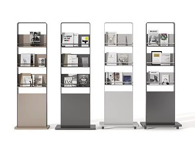 Modern Style Bookcases in Four Different Colors with Multiple Shelves Holding Books and Decorative Boxes 3d model