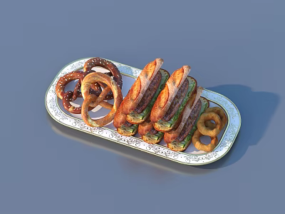 Delicious Triple Decker Sandwiches and Salted Pretzels on Decorative Tray 3d model