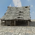 Old Wooden House With Hay Bales Crates Stone Paved Ground And Blue Sky Clouds