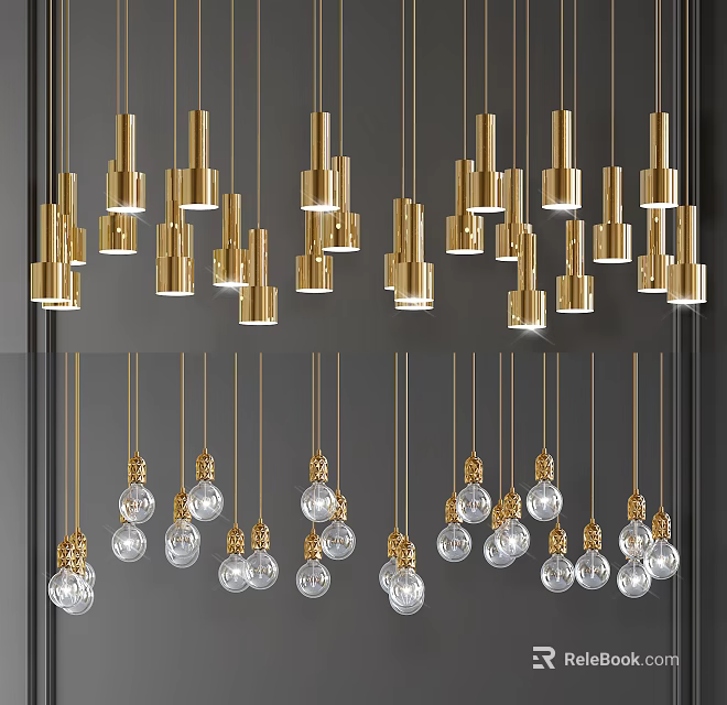 Golden Modern Chandeliers With Various Shapes Cylindrical Combinations And Transparent Glass Bulb Lights 3d model 