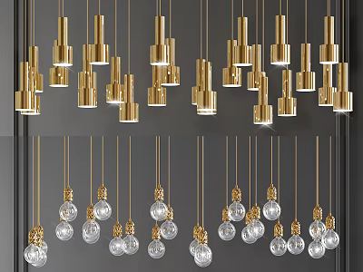 Golden Modern Chandeliers With Various Shapes Cylindrical Combinations And Transparent Glass Bulb Lights 3d model