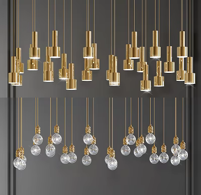 Golden Modern Chandeliers With Various Shapes Cylindrical Combinations And Transparent Glass Bulb Lights 3d model