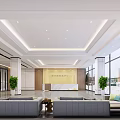 Modern Lobby Interior With Reception Desk Gray Sofas Green Plants And Large Windows 3d model