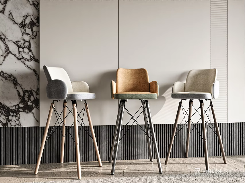 Modern Bar Stools With Sleek Metal Legs And Neutral Upholstery In Contemporary Interior 3d model 