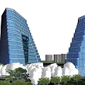 Two Modern Tall Office Buildings With Glass Curtain Walls And Green Surroundings