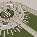 Circular Square Landscape with Central Fountains Surrounding Water Features Pedestrian Walkways and Public Activity Spaces