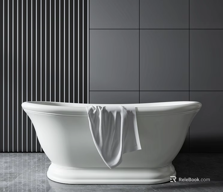 White Bathtub with Gray Towel in Bathroom Interior with Gray Tiled Wall and Dark Floor 3d model 