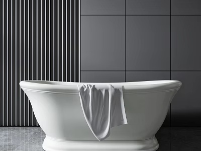 White Bathtub with Gray Towel in Bathroom Interior with Gray Tiled Wall and Dark Floor 3d model