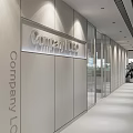 Modern Office Corridor With Wooden Wall Company Logo Glass Doors And Potted Plant