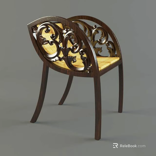 Classic Wooden Leisure Chair With Intricate Carved Backrest And Yellow Cushion 3d model 