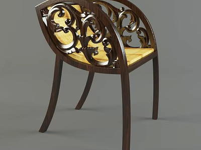 Classic Wooden Leisure Chair With Intricate Carved Backrest And Yellow Cushion 3d model