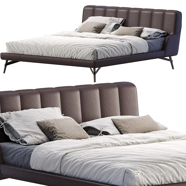 Modern Double Bed Design With Brown Upholstered Headboard White Sheets And Pillows 3d model