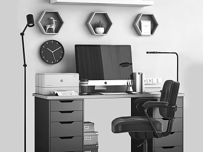 Home Office Desk With Computer Monitor Office Chair Floor Lamp Wall Shelves And Round Clock 3d model
