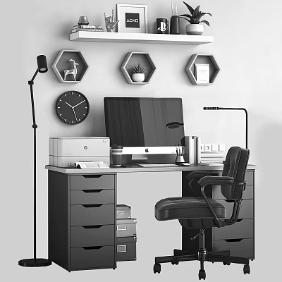 Home Office Desk With Computer Monitor Office Chair Floor Lamp Wall Shelves And Round Clock 3d model