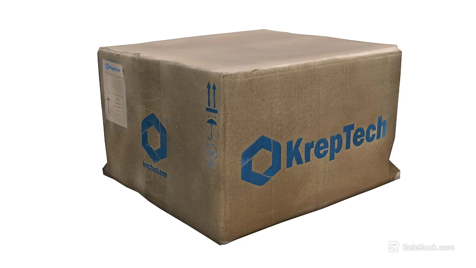 Brown Cardboard Shipping Box With KrepTech Blue Logo and Upward Arrows For Safe Delivery 3d model 