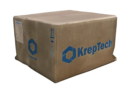 Brown Cardboard Shipping Box With KrepTech Blue Logo and Upward Arrows For Safe Delivery 3d model