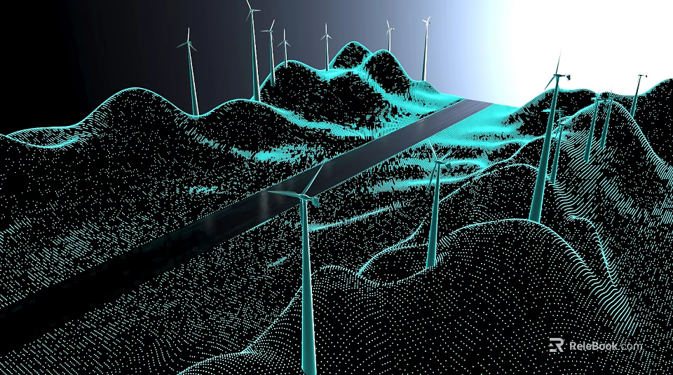 Wind Turbine Towers In Mountainous Terrain With Blue Technological Design Lines 3d model 