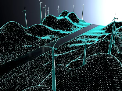 Wind Turbine Towers In Mountainous Terrain With Blue Technological Design Lines 3d model