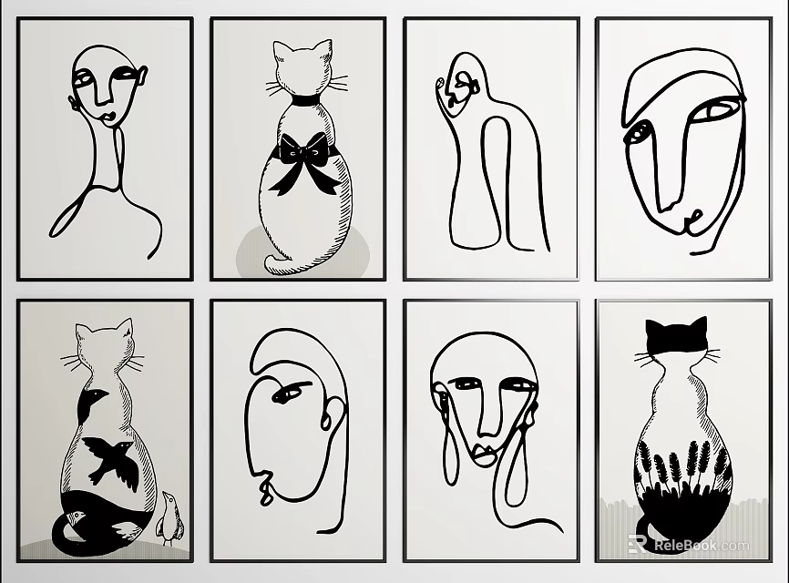 Black And White Abstract Line Art Drawings Of Human Figures And Cats 3d model 