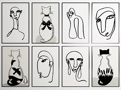 Black And White Abstract Line Art Drawings Of Human Figures And Cats 3d model