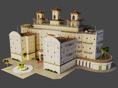 Luxury Building Exterior Featuring Red Roof Towers Light Colored Facade Balconies Windows Palm Trees Courtyard 3d model