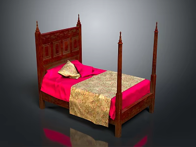 Wooden Four Poster Bed With Carved Headboard Pink Bed Sheets And Gold Patterned Blanket 3d model