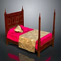 Wooden Four Poster Bed With Carved Headboard Pink Bed Sheets And Gold Patterned Blanket