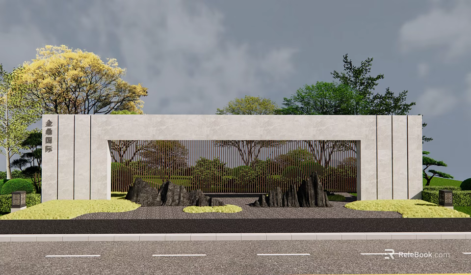 Modern Landscape Wall Design With Stone Frame Metal Grille And Surrounding Trees 3d model 