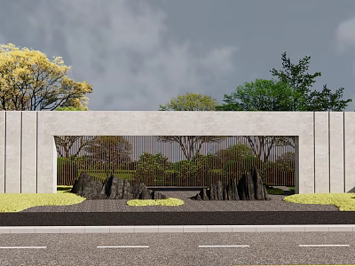 Modern Landscape Wall Design With Stone Frame Metal Grille And Surrounding Trees 3d model