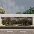 Modern Landscape Wall Design With Stone Frame Metal Grille And Surrounding Trees