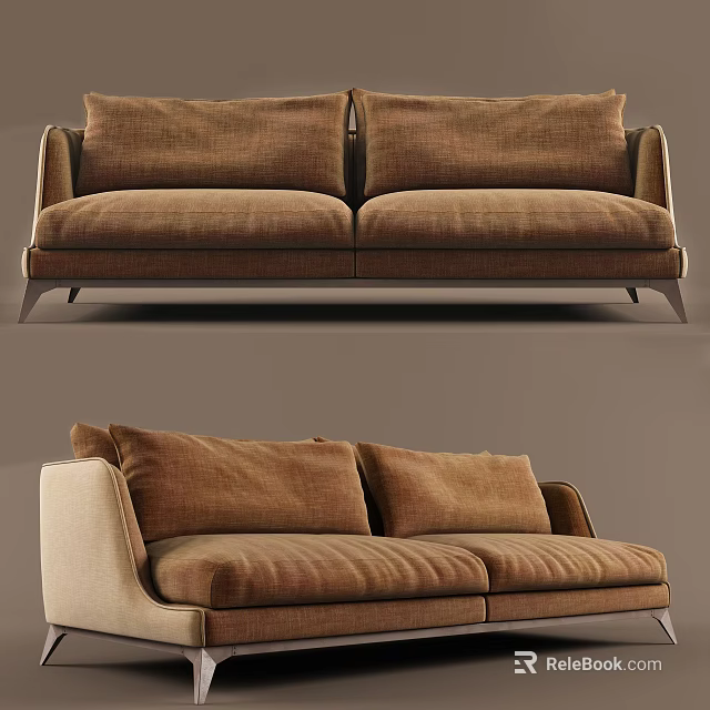 Elegant Brown Two Seater Sofa With Soft Velvet Cushions And Metal Legs 3d model 