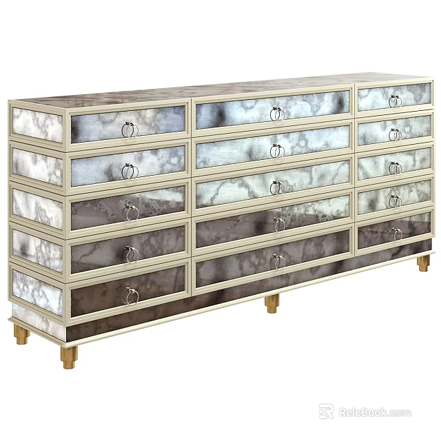 Elegant Modern Storage Cabinet With Mirrored Panels Multiple Drawers And Golden Legs 3d model 
