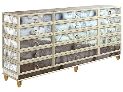 Elegant Modern Storage Cabinet With Mirrored Panels Multiple Drawers And Golden Legs 3d model