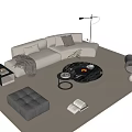 Modern Beige L shaped Sofa and Coffee Table Set With Black Marble Top Cushions Throw Blanket