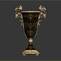 Ornate Decorative Vase With Gold Black Patterns Bird Shaped Handles And Intricate Base