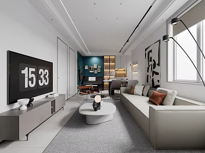 Modern Living Dining Room Interior With Open Layout Sofa TV Unit And Wall Art 3d model