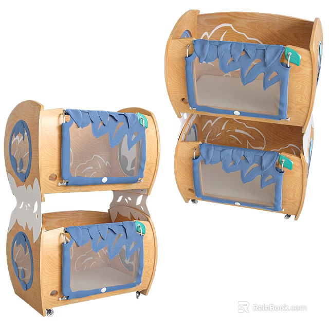 Modern Wooden Baby Crib With Blue Mesh Windows And Decorative Sides 3d model 