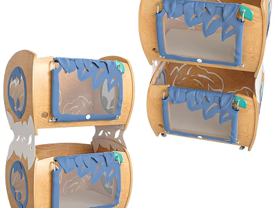 Modern Wooden Baby Crib With Blue Mesh Windows And Decorative Sides 3d model